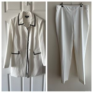 John Meyer Collection Women’s White Blazer Pant Suit with Black Trim, Size 12